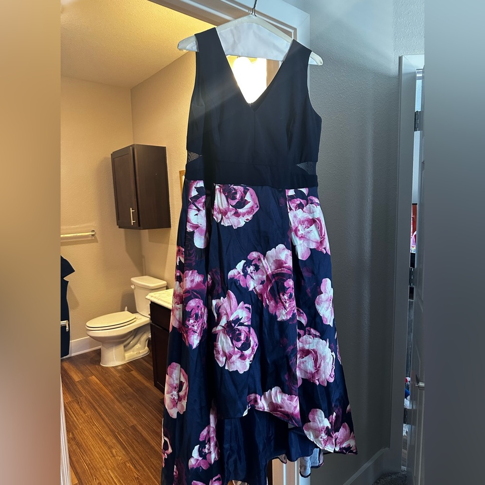 Xscape Black and Pink Floral High Low Gown